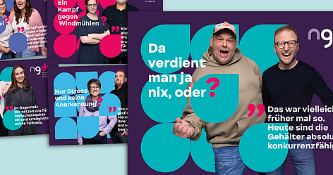 Verschiedene Personen mit Sprechblasen zu Gehalt und Anerkennung.